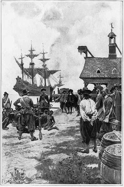 Howard Pyle illustrated the sale of the first Africans in the New World at Jamestown in 1619.
