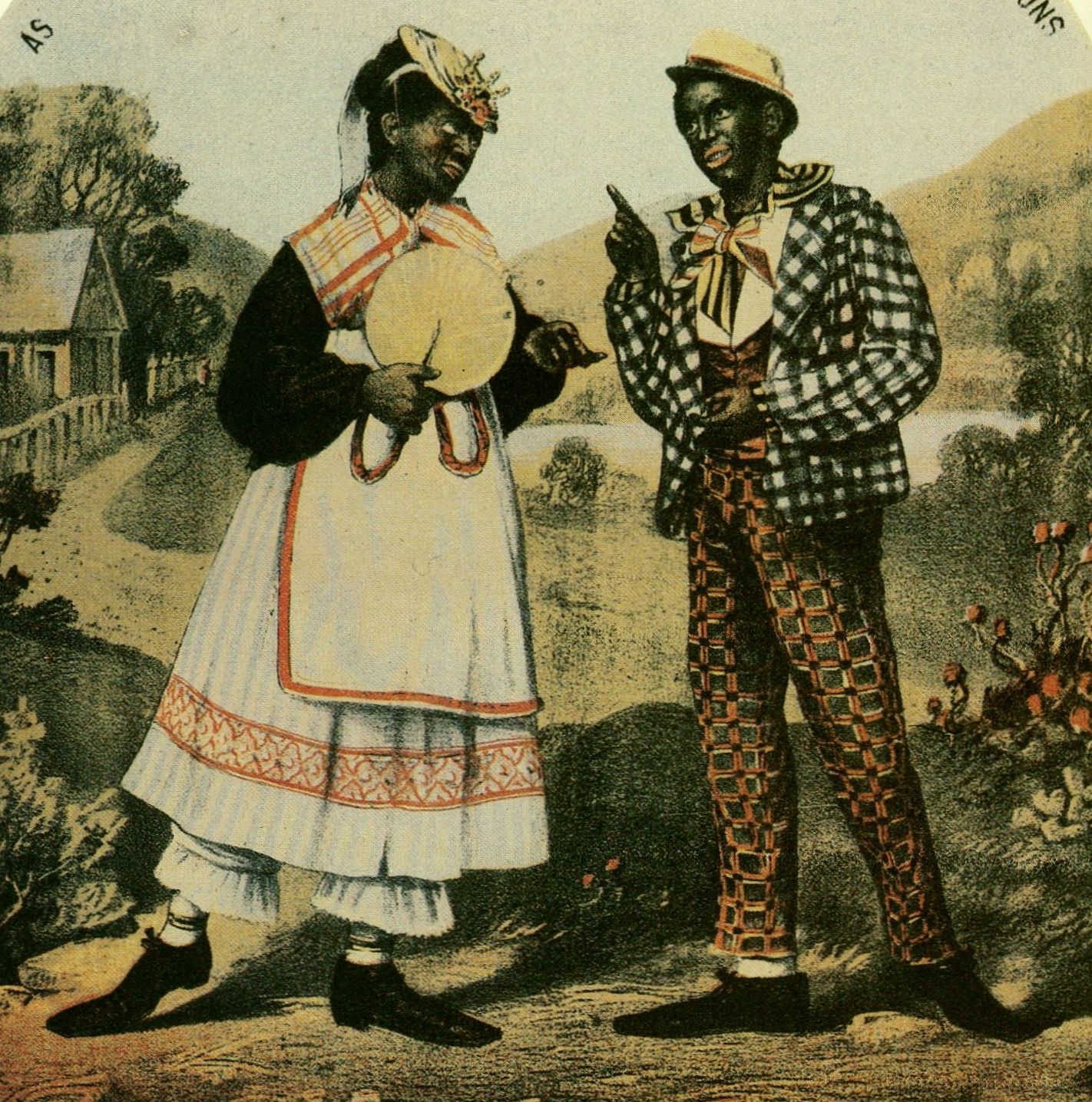 The courting couple was another minstrel staple, with the girl typically played by a man. Such lovers were usually lampooned less savagely than the dandy, since their carefree plantation world represented little threat to city audiences.