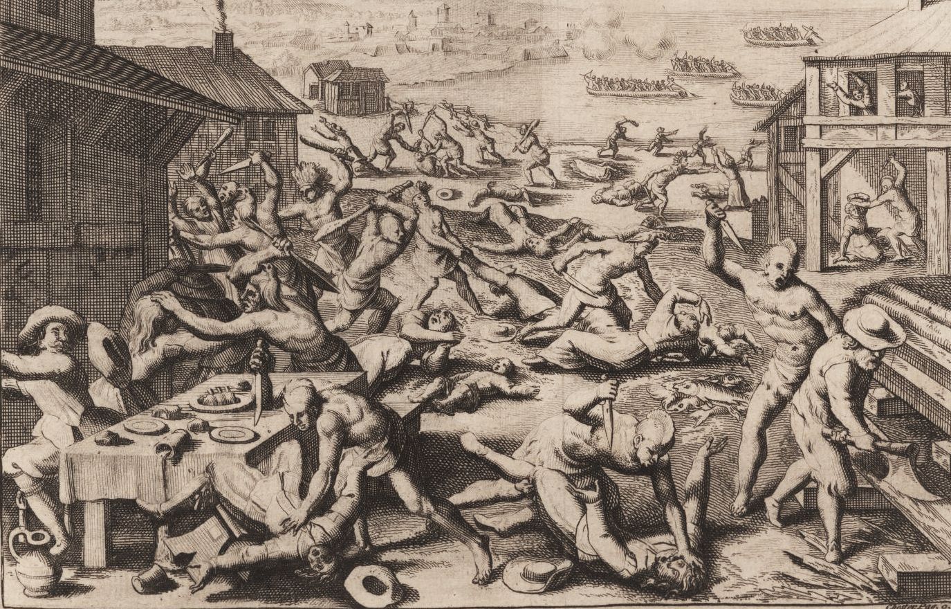 Theodor de Bry engraved a dramatic scene of Powhatan warriors attacking the Virigina settlement in 1622 while its inhabitants dine and work. Chief Opechancanough and his men entered Jamestown and once inside they massacred 347 English men and women. ©John Carter Brown Library, Providence, RI.
