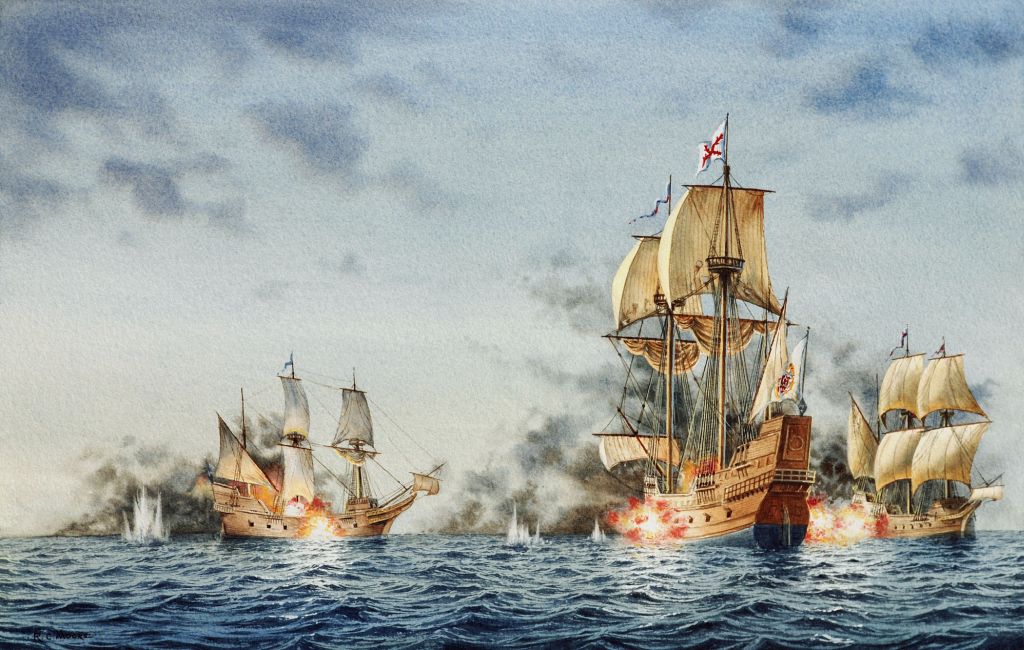 Two English privateers, Treasurer (left) and White Lion (right) captured the larger Spanish ship San Juan Bautista and took her enslaved Africans to Virginia to sell. Painting by Richard C. Moore, courtesy of Jamestown Rediscovery.