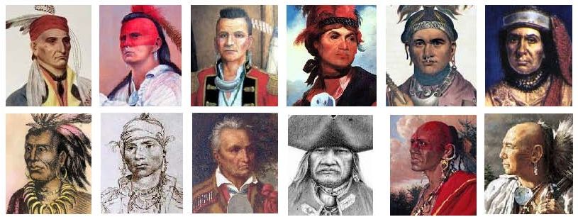 Among the Native American chiefs that Washington met with were (top row) Attakullakulla (Cherokee), Bloody Fellow (Cherokee), Blue Jacket (Shawnee), Joseph Brant (Mohowk), Cornplanter (Seneca), Guyasuta (Seneca), and (bottom row) Little Turtle (Miami), Alexander McGillivray (Creek), Red Jacket (Seneca), Scarouady (Oneida), Shingas (Delaware), and Tanaghrisson or Half King (Seneca).