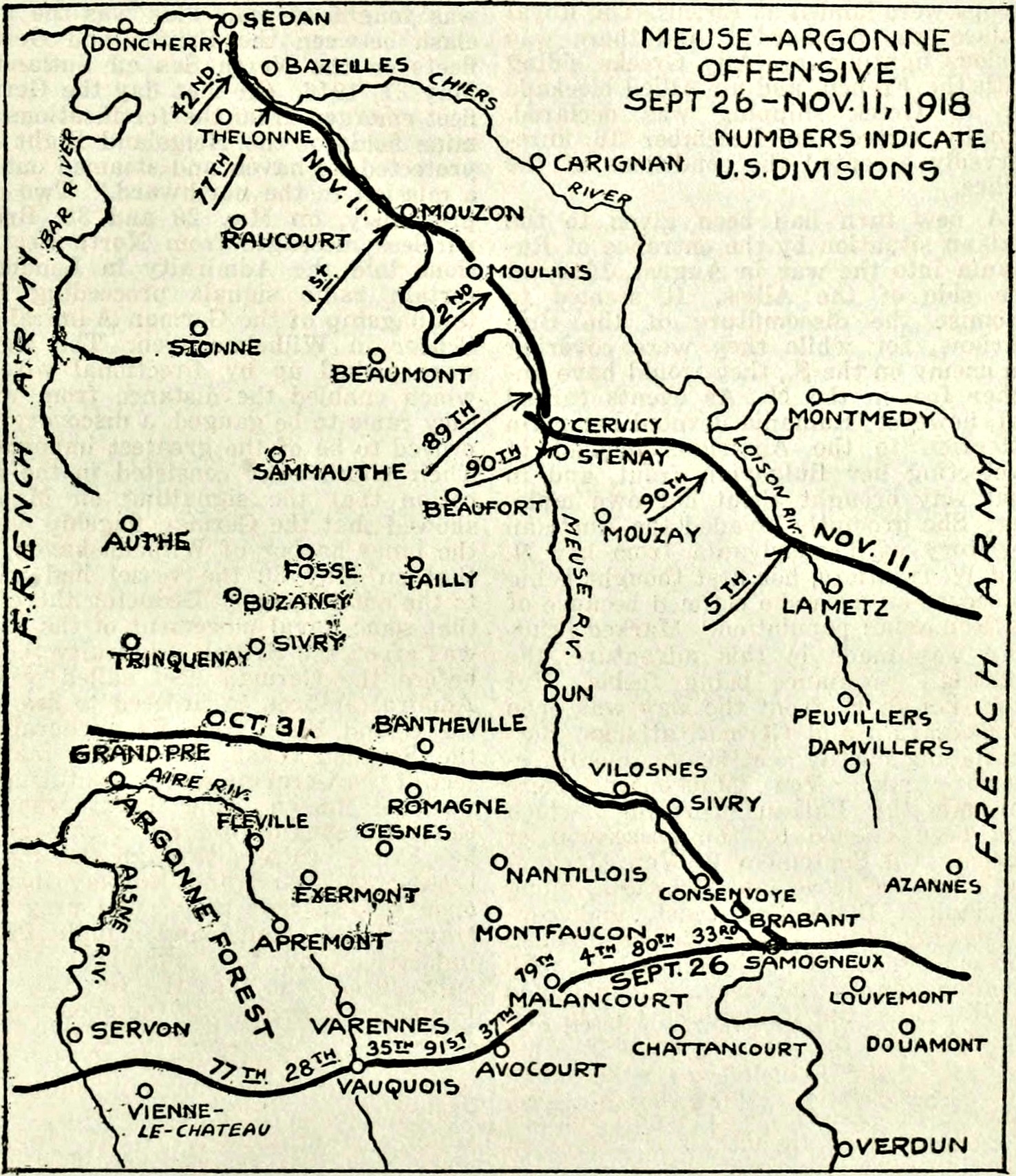 In early October 1918, the Allied forces including the "Lost Battalion's 77th Division, attacked the wide German defensive line. 