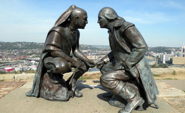 Artist James A. West's sculpture "Point of View," which stands in a park overlooking Pittsburgh, depicts George Washington and the Seneca leader Guyasuta meeting in October 1770, when Washington was in the area looking for land for future settlement along the Ohio River.