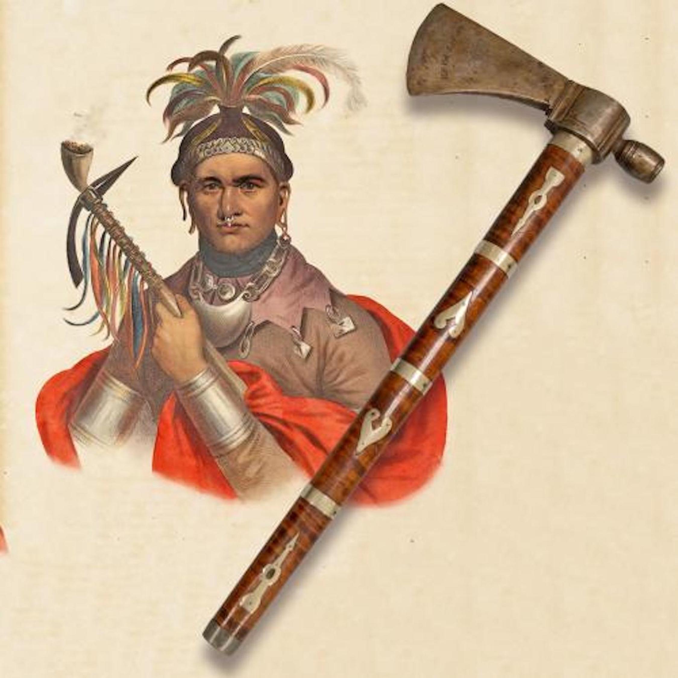 Washington gave Cornplanter a peace pipe tomahawk, shown here resting on a print of the Seneca chief. Image courtesy of the Seneca-Iroquois National Museum.