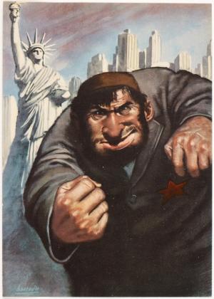 Sadly, the Italian artist Gino Boccasile became a supporter of Mussolini during World War II and used his impressive creative talents to make propaganda posters such as this one of a menacing Jewish figure with the skyline of New York in the background, turning the ideals of the Statue upside down. Boccasile drew posters for the Italian SS Division and after the war wa imprisoned and tried for collaboration. He had difficulty finding work and died in 1952. Courtesy of the Wolfonian Collection/FIU.