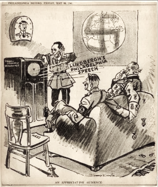 The Philadelphia Record published a satirical cartoon showing Hitler and cronies enjoying Lindbergh's speech in Philadelphia in May 1941. Library of Congress