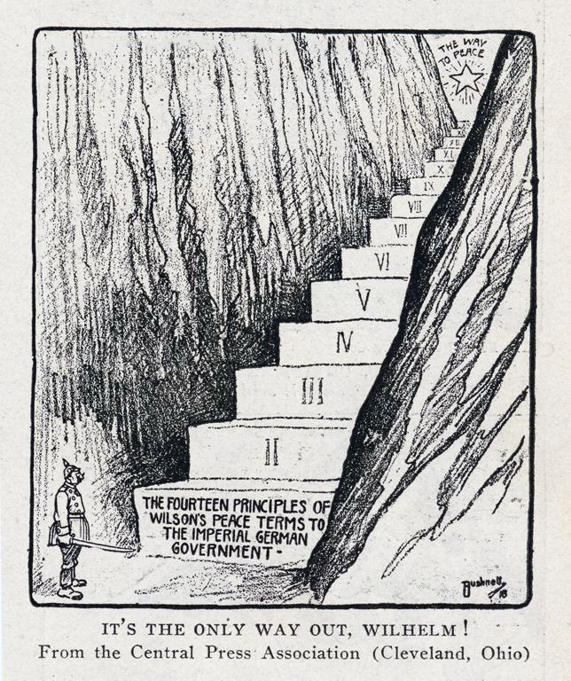 A newspaper cartoon shows Kaiser Wilhelm the way to peace. Ohio State University Library