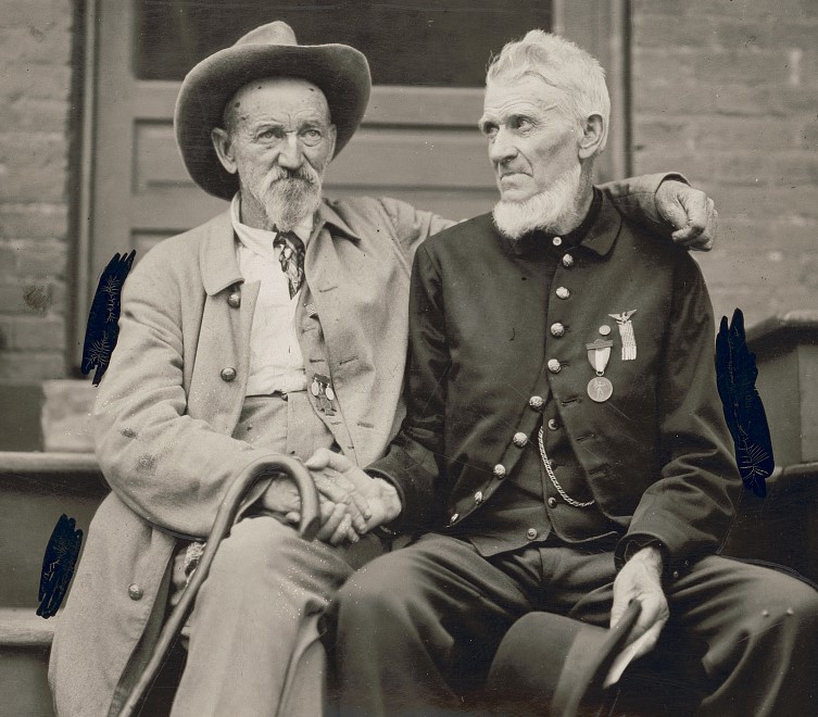 Confederate and Union soldiers shake hands.