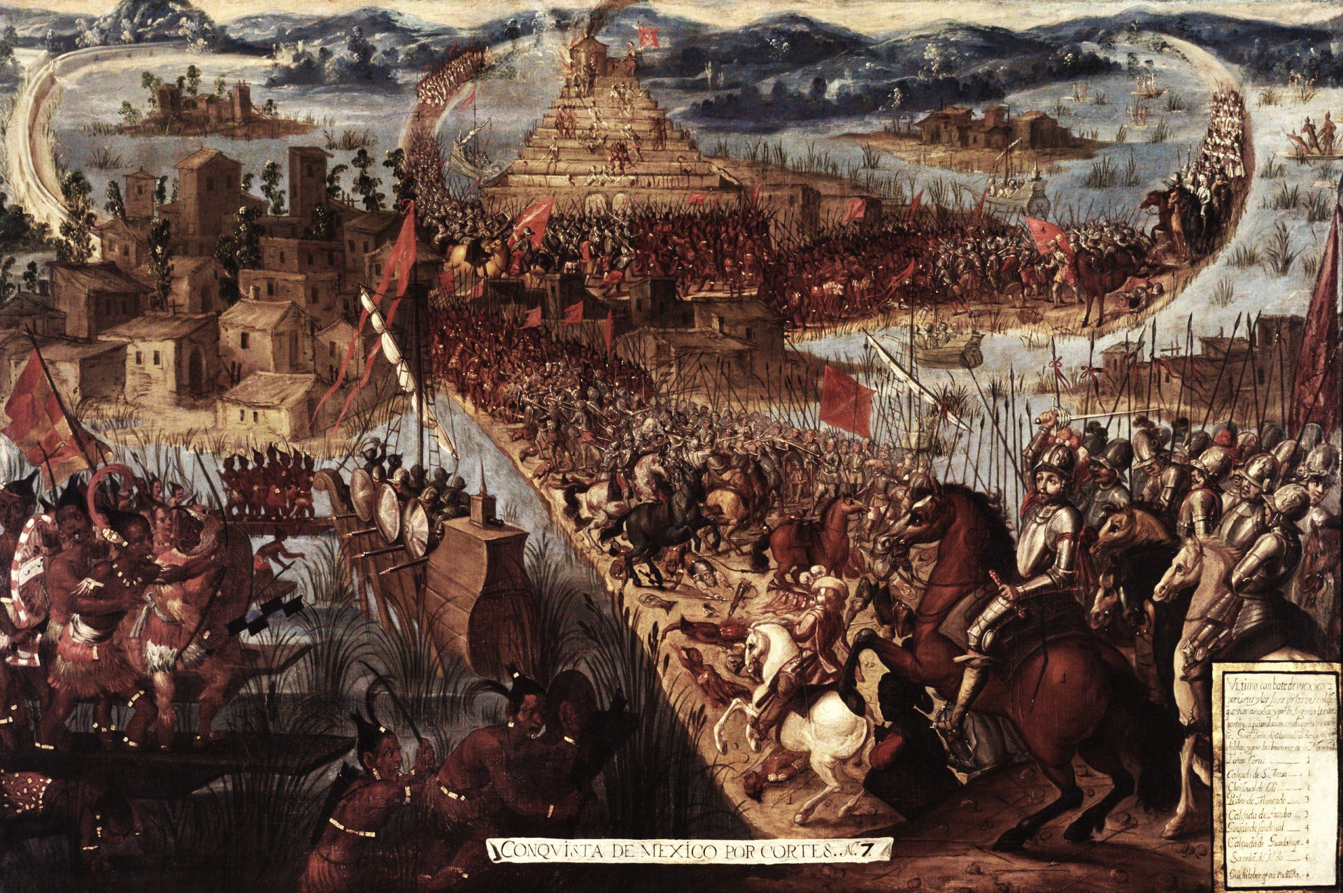 Depicts the 1521 Fall of Tenochtitlan by Spanish Conquistador Hernán Cortés, in the Spanish conquest of the Aztec Empire.