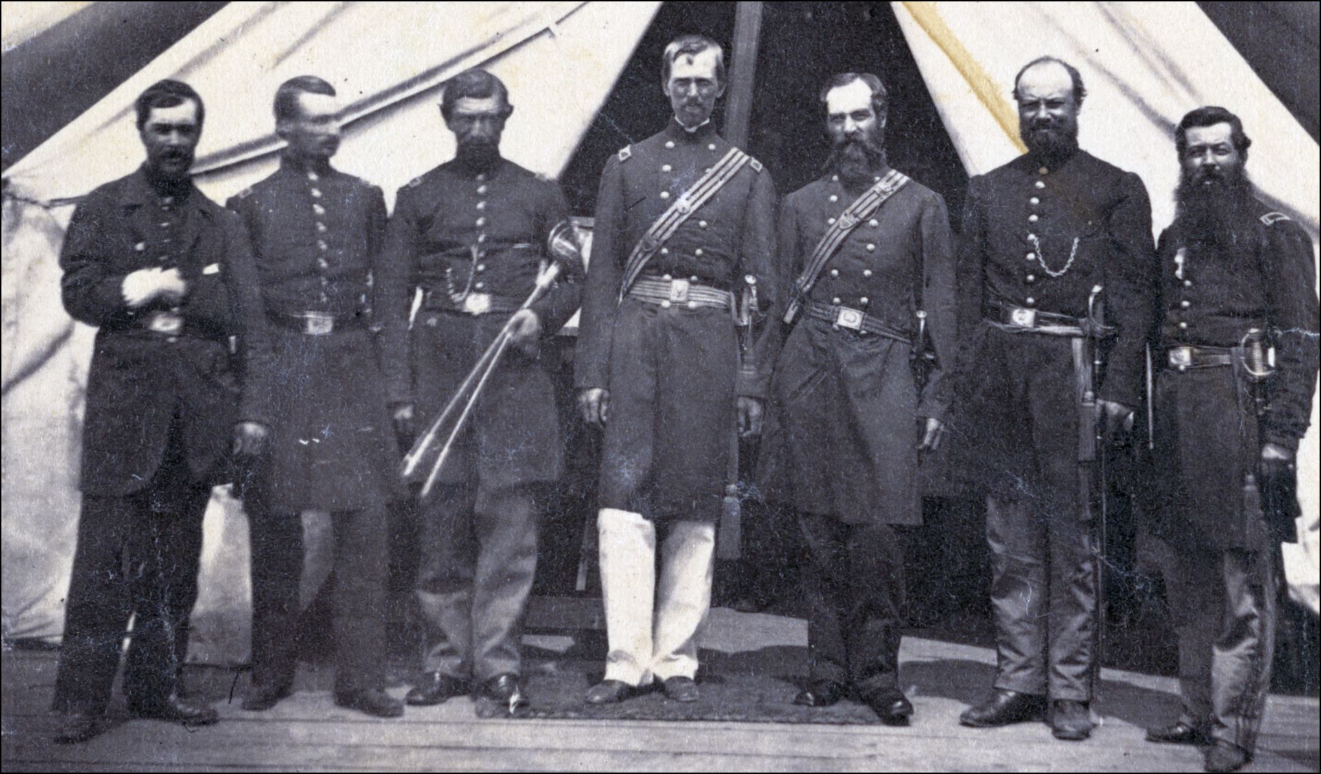 Corcoran, in center, and Captain James Kavanaugh (Cavanaugh) of Co. C, on far right, with five unidentified officers of 69th New York Infantry Regiment. Library of Congress