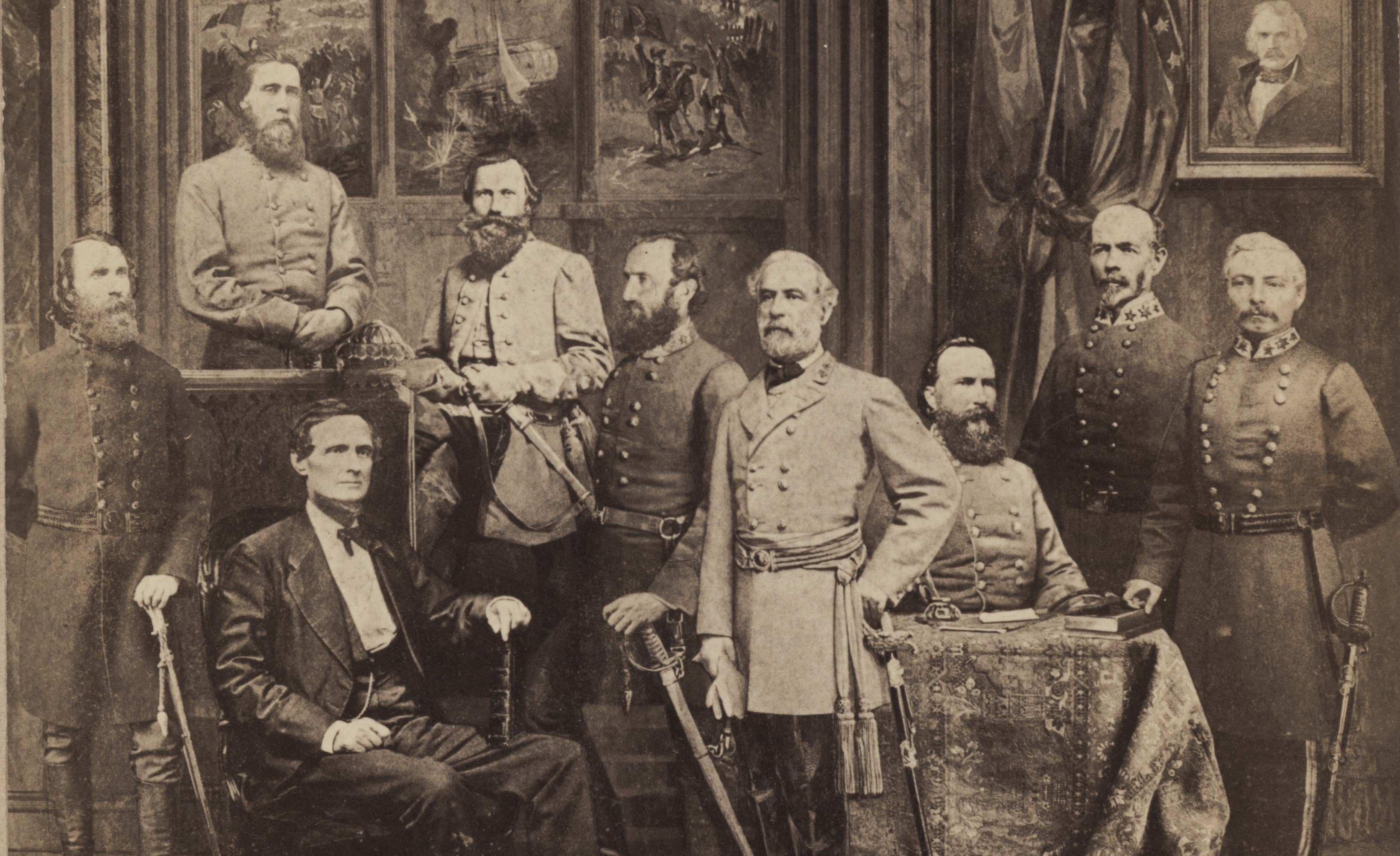 In a curious montage of portraits of Confederate commanders, Longstreet is seated behind Robert E. Lee, who has his back to Longstreet. Library of Congress