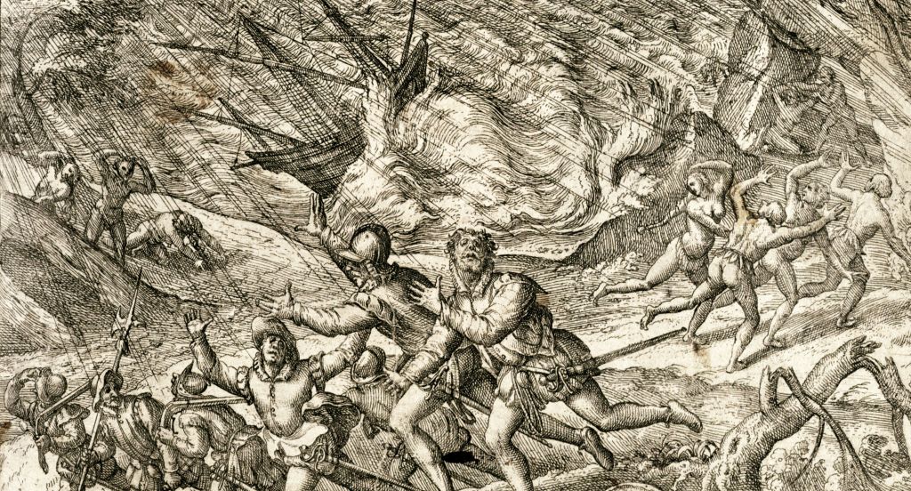 Europeans sailing to the New World quickly discovered the terror of hurricanes, as depicted in 1594 by famed engraver Theodor De Bry in "A terrible and incredible storm." University of Houston Libraries. 