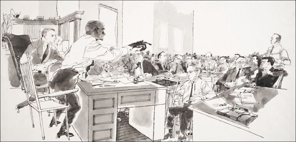 Franklin McMahon sketched the dramatic moment when Emmett's uncle, Moses Wright, identified Roy Bryant as the man who abducted the young boy from his house. Chicago History Museum