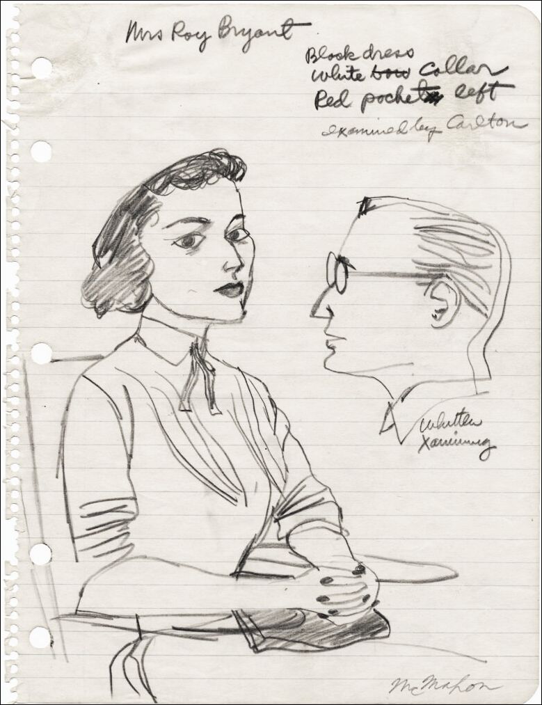 Drawing by Franklin McMahon of Mrs. Roy Bryant and Carlton at Emmett Till trial, Chicago History