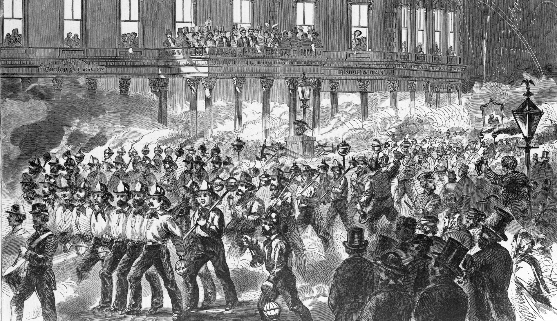 Festivities honoring the Prince of Wales included Grand torch-light parade of the New York firemen in honor of the Prince of Wales, passing the Fifth Avenue Hotel, October 13, 1860, Library of Congress