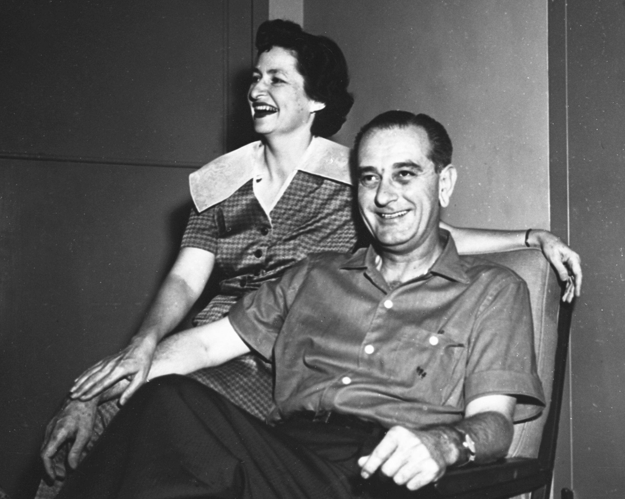 The Johnsons always worried about LBJ's heath. in Senator Johnson and Lady Bird welcome visitors at Bethesda Naval Hospital following LBJ's recovery from a heart attack, July 30, 1955.