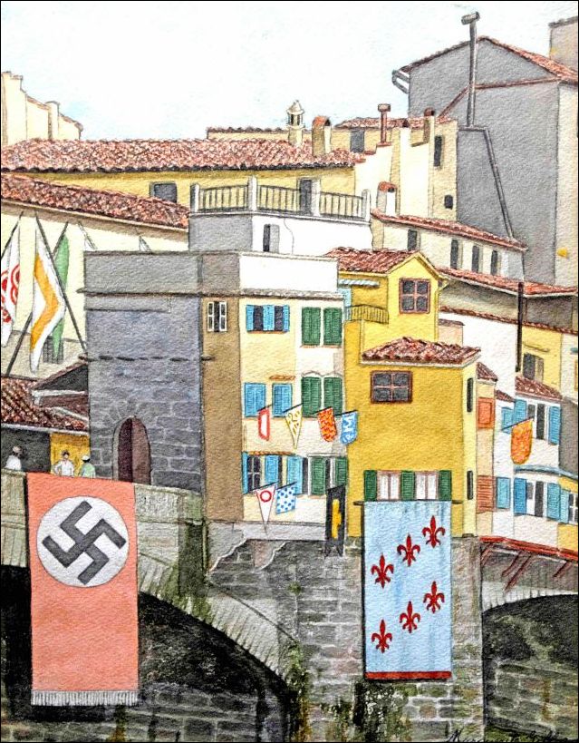 Gifford painted the Ponte Vecchio bridge decorated with a Nazi flag to welcome Adolf Hitler in May 1938. to Florence 