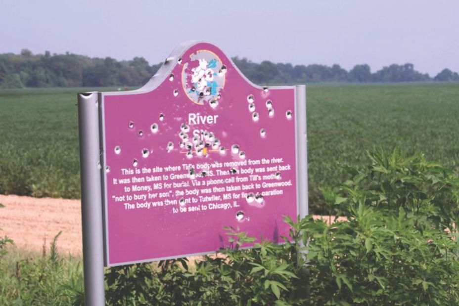 les riddled the marker by the Tallahatchie River where Emmett Till’s body was recovered until it was removed to a local museum.  1955, Emmett Till Interpretive Center