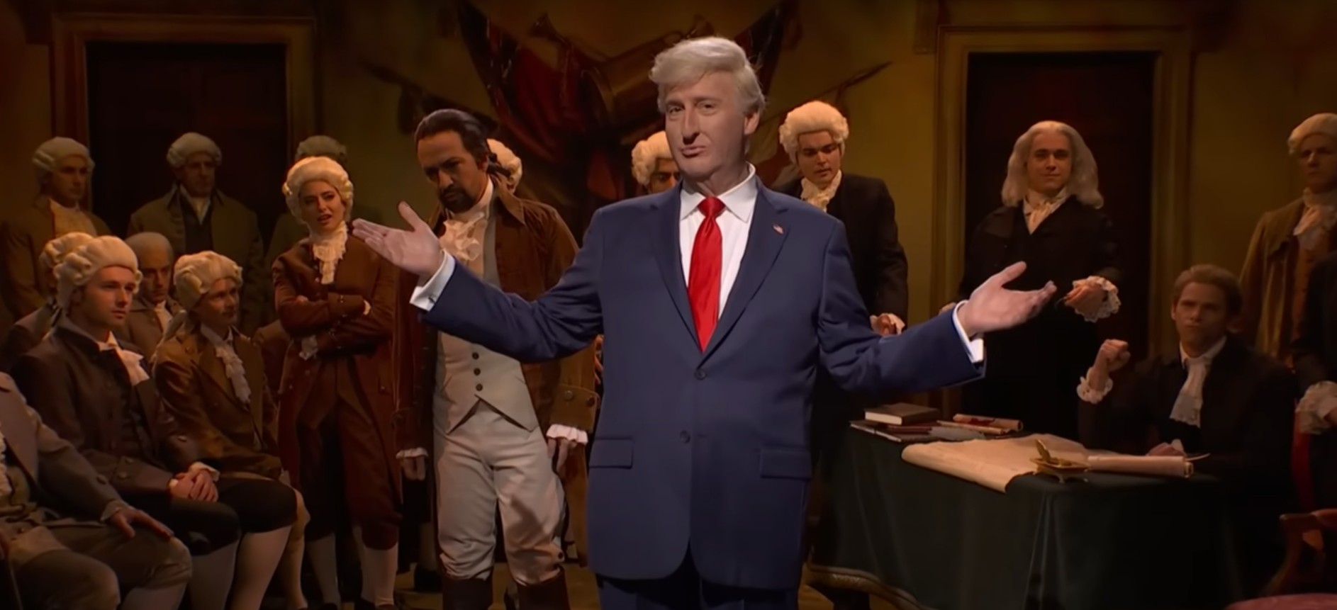 Saturday Night Live had a skit recently where Lin-Manuel Miranda, playing Alexander Hamilton, rapped that in America, “We will have leaders, but know one thing: in America we will never have a king.” Then an actor playing Donald Trump walks in front and says, “Never say never.” After a pause, he say, “Kidding, of course… but in many ways not.”