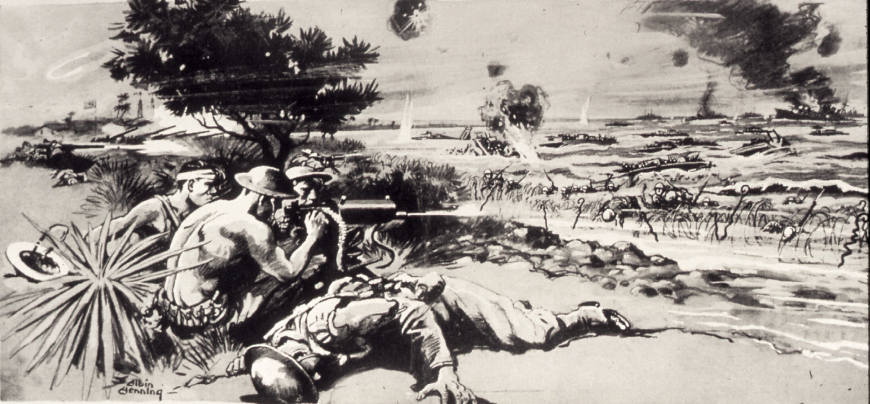 A poster created by the Office of War Information shows Marines defending Wake from a Japanese attack. National Archives