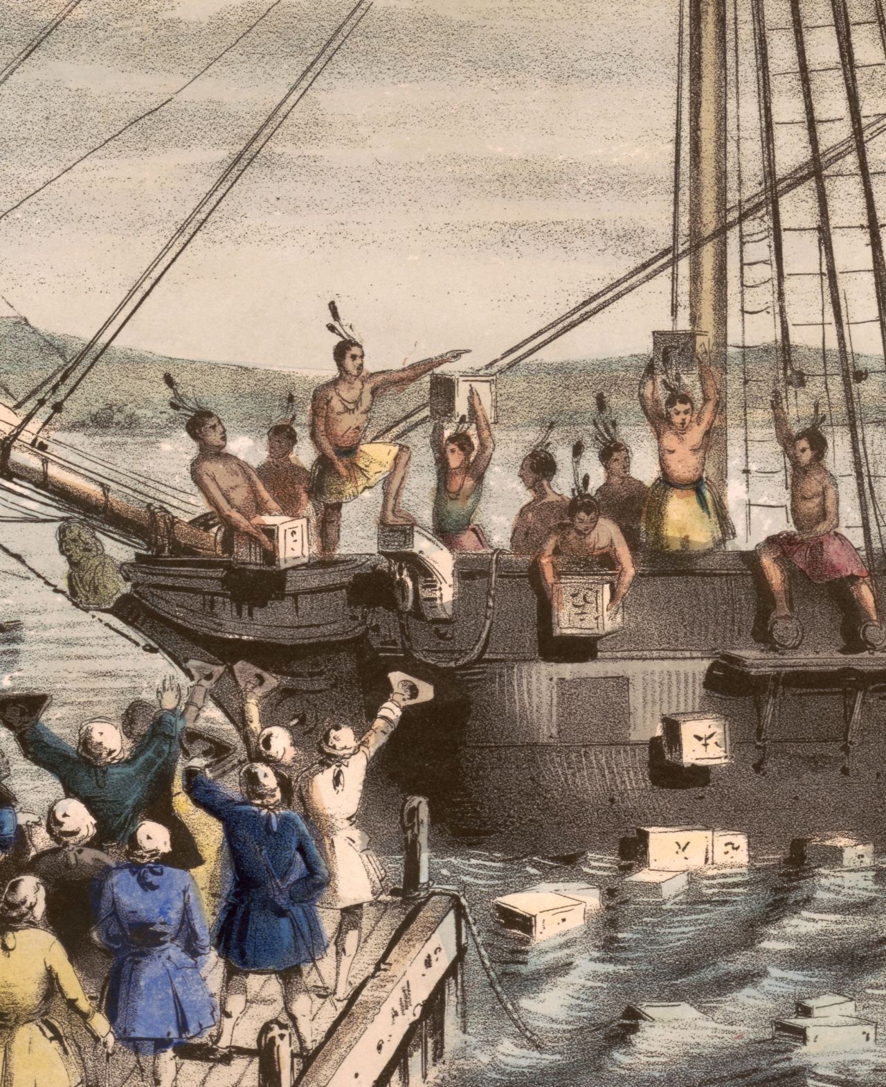 Patriots poorly disguised as Indians dumped tons of Bohea tea in Boston harbor. Library of Congress