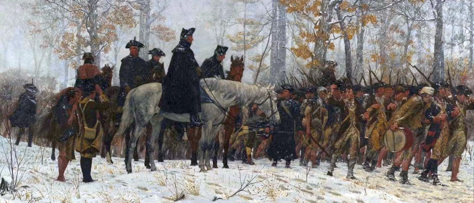 The memory of the struggle for independence, suffered by a relatively small portion of the American population, was evoked in the solemn painting March to Valley Forge by William