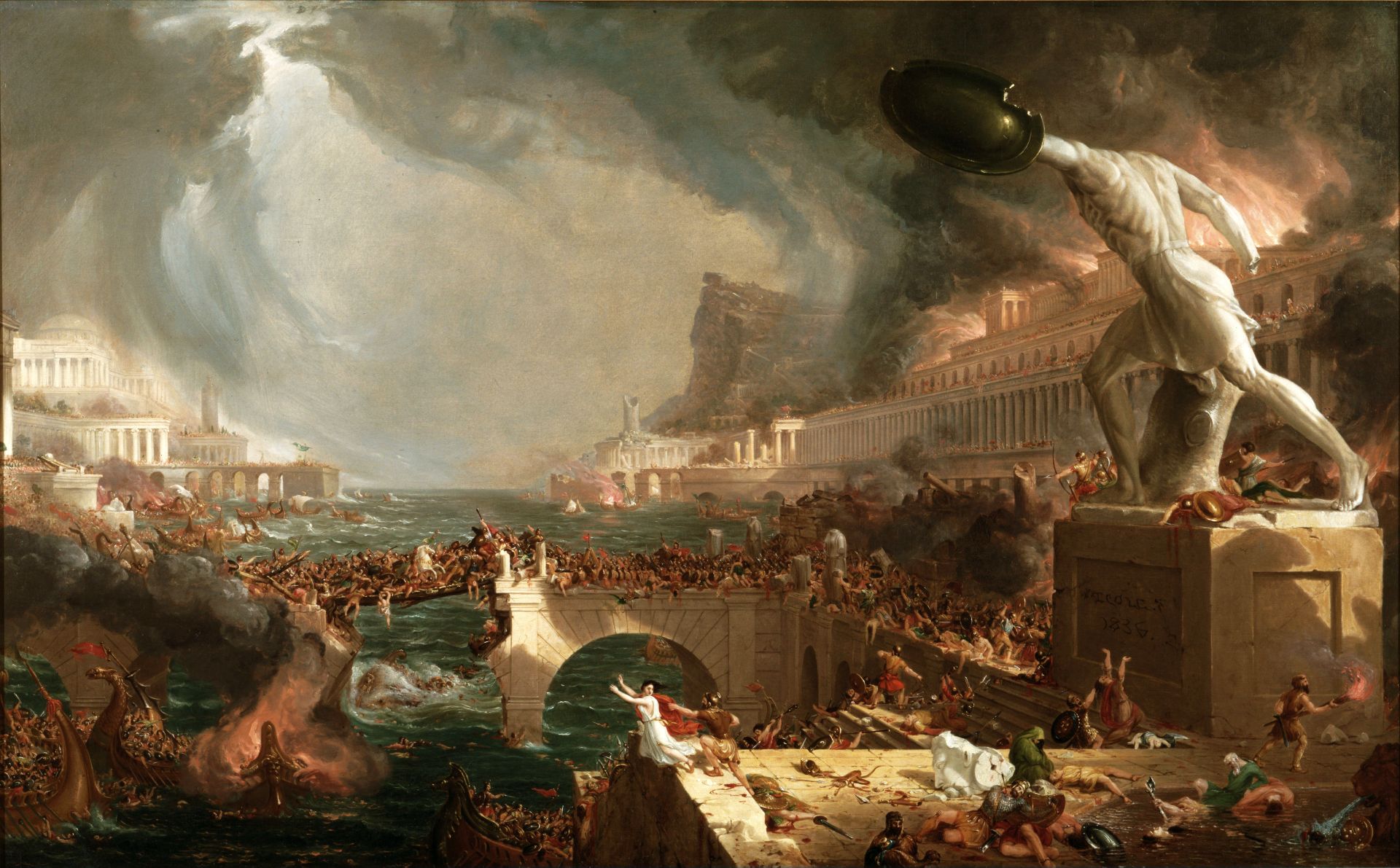 Thomas Cole's series of paintings entitled "The Course of Empire," painted between 1833 and 1836, included Destruction depicting the sack of Carthage. In the famous series of five paintings, Cole sought to illustrate his fear that American expansion could lead to destruction and collapse.  New-York Historical Society