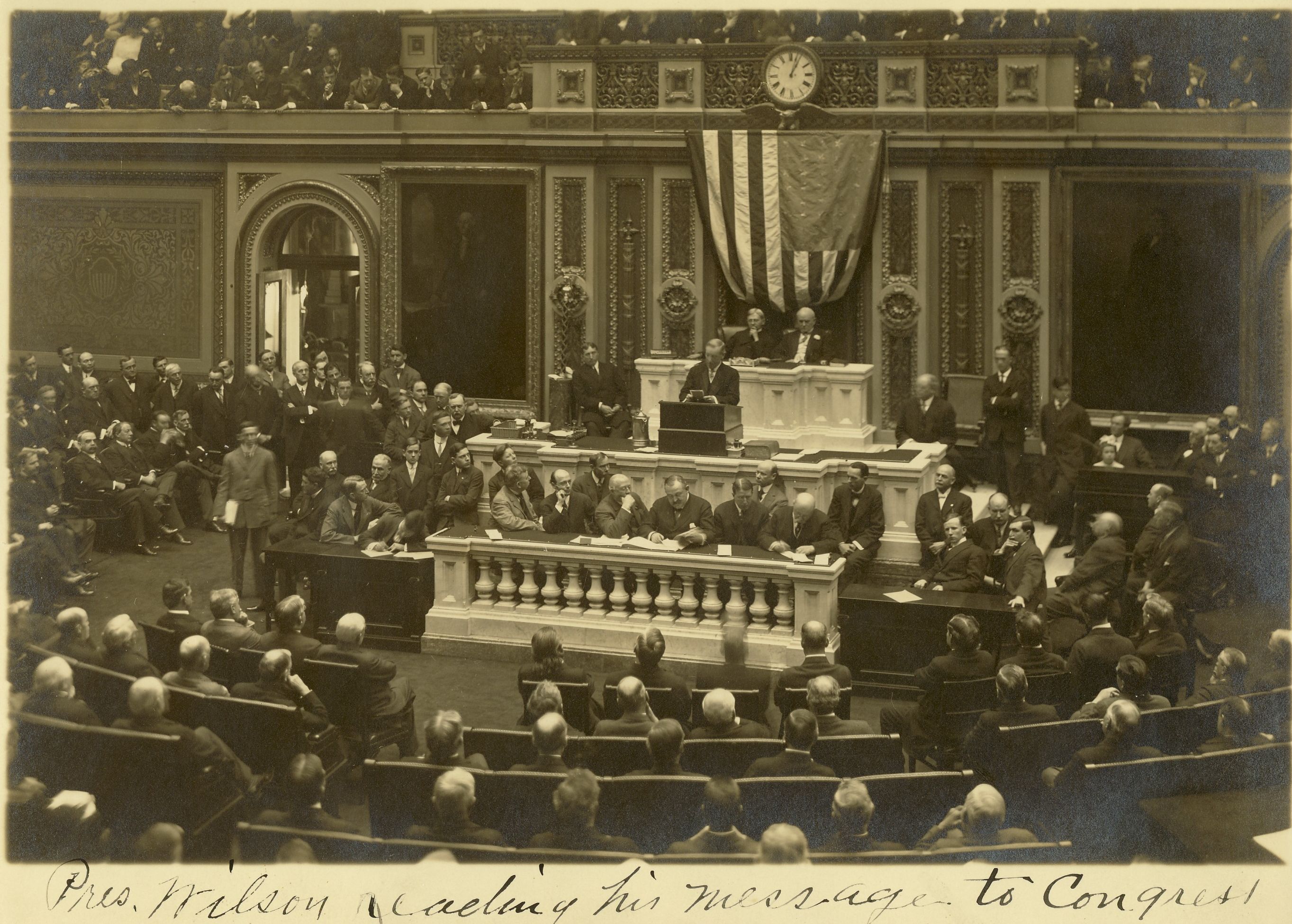 President Wilson outlined war aims and his principles for peace known as the "Fourteen Points" in an address to Congress on January 8, 1918. Woodrow Wilson Presidential Library Archives