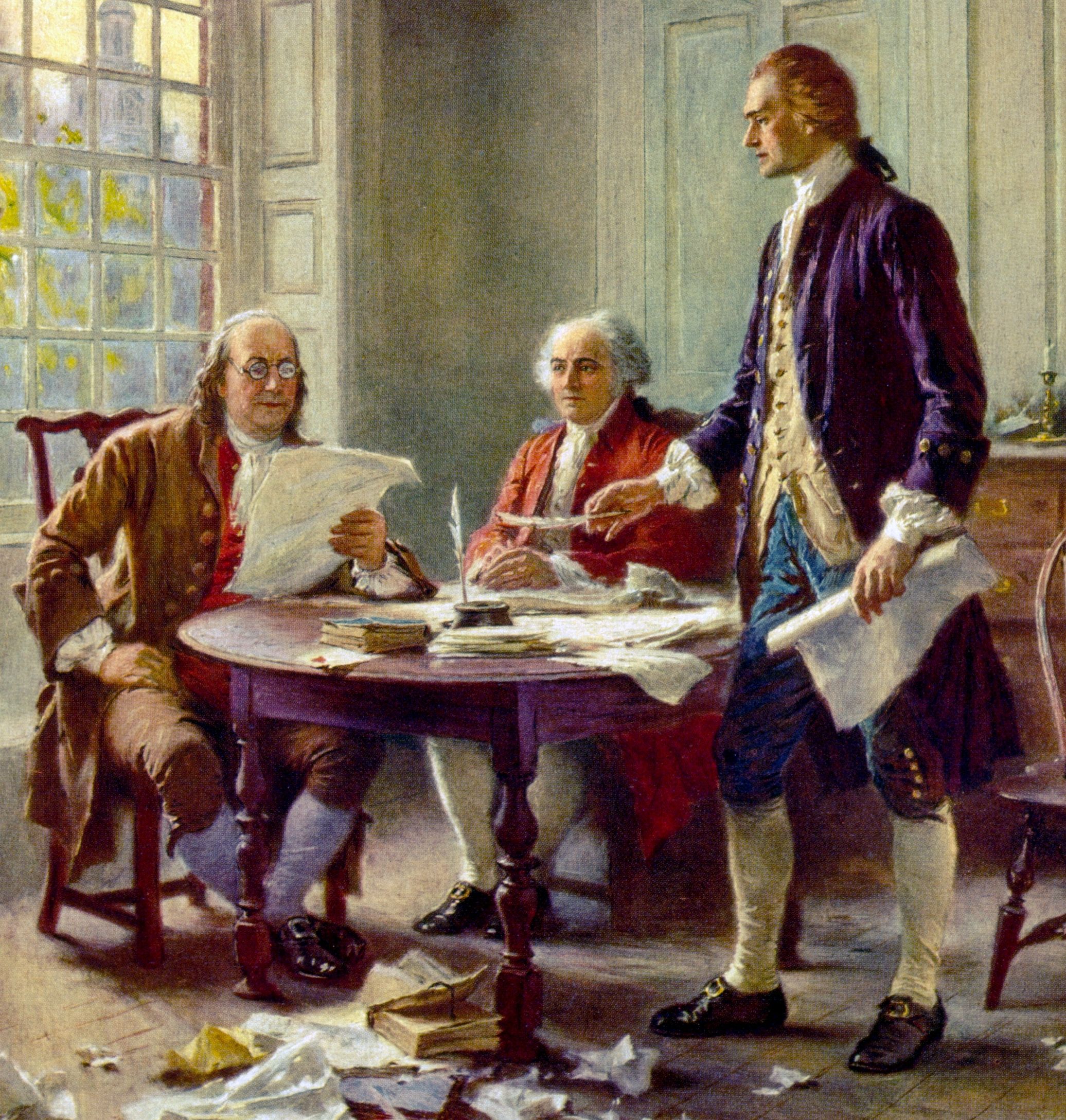 Benjamin Franklin, John Adams, and Thomas Jefferson of the Committee of Five work on drafting the Declaration. Library of Congress